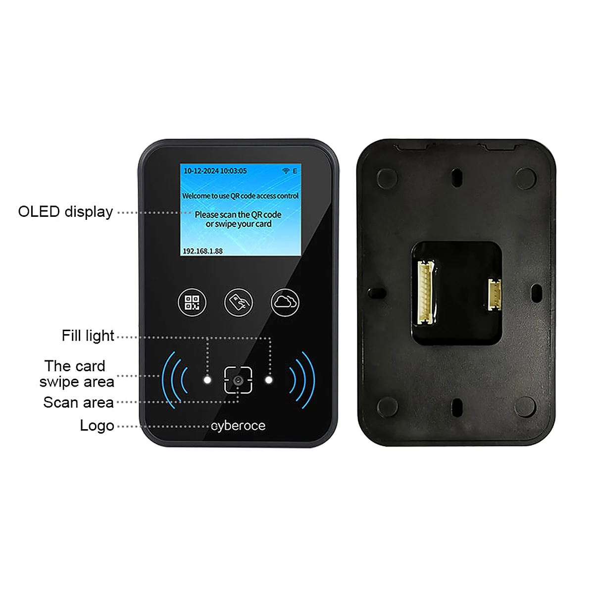Cyberoce networked QR code access terminals with display and relay control