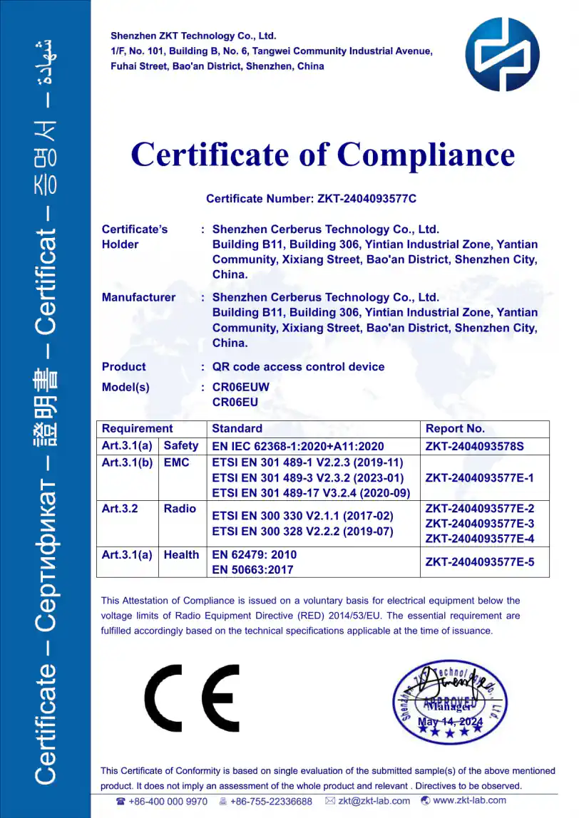CE-RED and UKCA-RED certificates for CR06EU QR access control devices